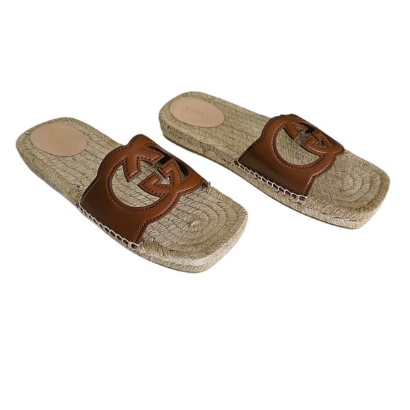Gucci GG Espadrille Flat Slide Sandal Size 38.5 US 8.5 Brown Cut Out Square Toe - Picture 3 of 11